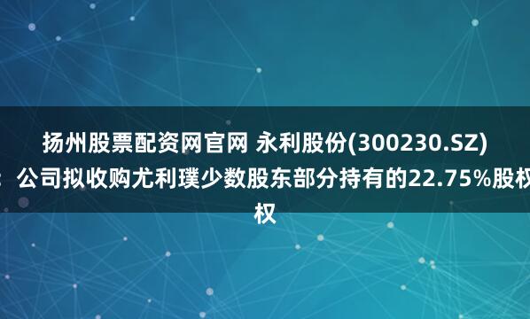 扬州股票配资网官网 永利股份(300230.SZ)：公司拟收购尤利璞少数股东部分持有的22.75%股权
